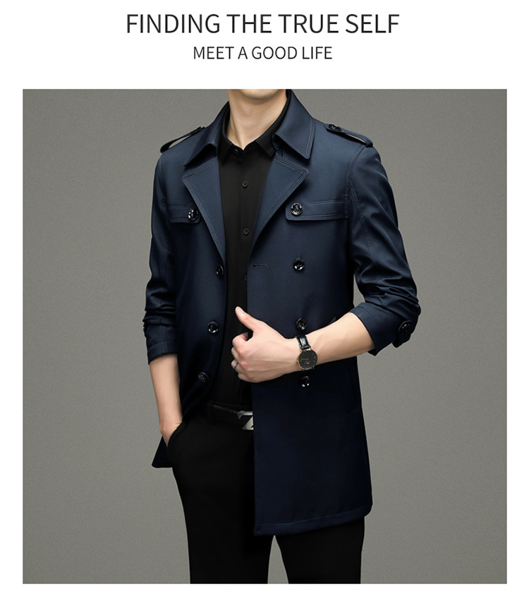 Monochrome Man - Veste trench-coat mi-longue à boutons pour homme, collection printemps-été 2024, idéale pour les jeunes professionnels d'âge mûr._voghion.com