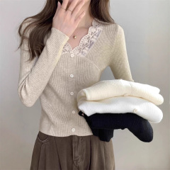 法式温柔风蕾丝边打底衫内搭毛衣女2025秋冬新款v领显瘦针织上衣