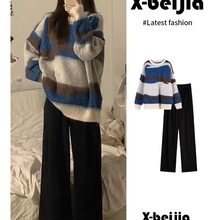 大码西装春秋微胖MM奶茶系穿搭配一整套时尚感毛衣遮肉显瘦两件套