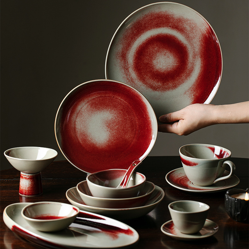 Japanese-Style Coarse Pottery Tableware Set for One Person, Household Rice Bowl, Ceramic Salad Bowl, Soup Noodle Bowl, Plate Set