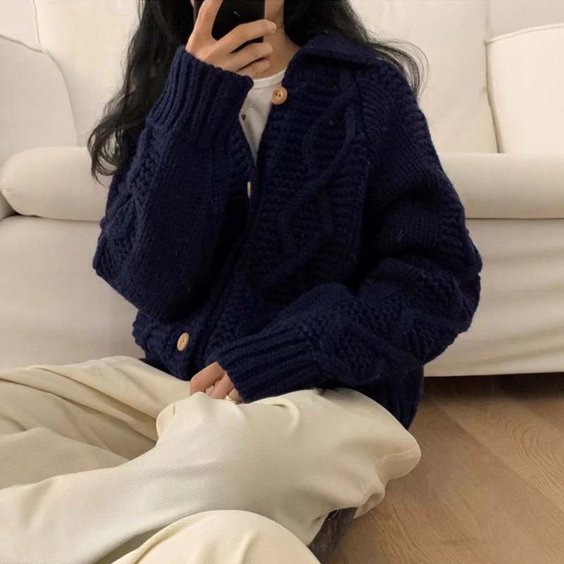 超厚翻领粗线棒针开衫毛衣女秋冬新款休闲时尚韩国复古针织短外套|undefined