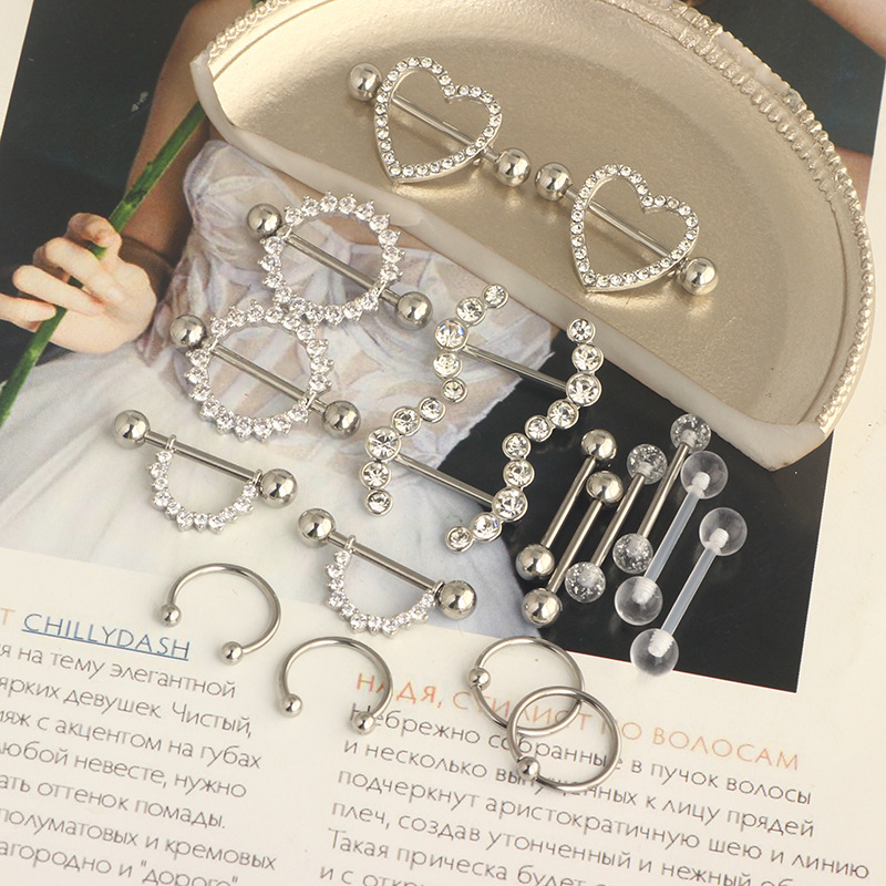 Stainless Steel Zircon Ring 9 Pair Set Heart Shape Nail Tongue Piercing Jewelry detail image 7