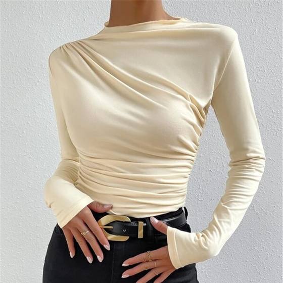 Cross-border 2023 European and American Pure Color Slim-fiTTing BoTToming ShirT VersaTile PleaTed Design Long-sleeved T-shirT Women's Top