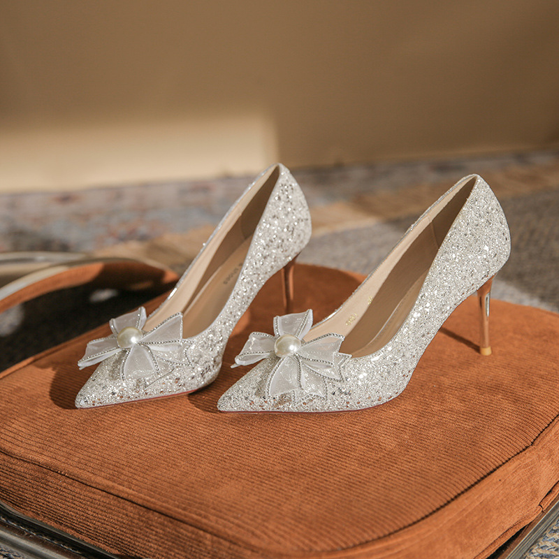 6681-51 champagne gold crystal high heels women's bow French style niche high-grade wedding shoes bridal shoes