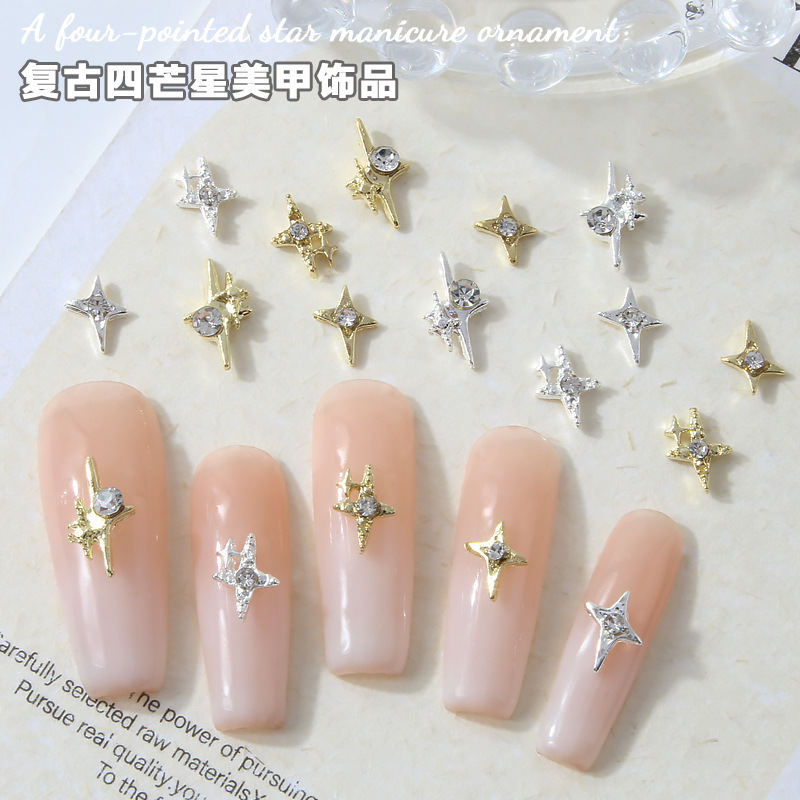 Cross-Border Popular Nail Art Accessories Four-Pointed Star Alloy Rhinestones Buccheri Super Shiny Star Nail Rhinestones Wholesale Light Luxury
