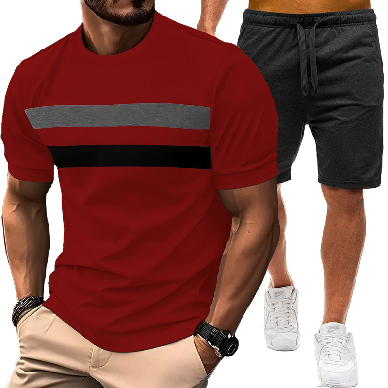 夏のスポーツとレジャー半袖ラウンドネック T シャツ 2025 新しいクロスボーダーカラーブロック半袖メンズスーツ|undefined