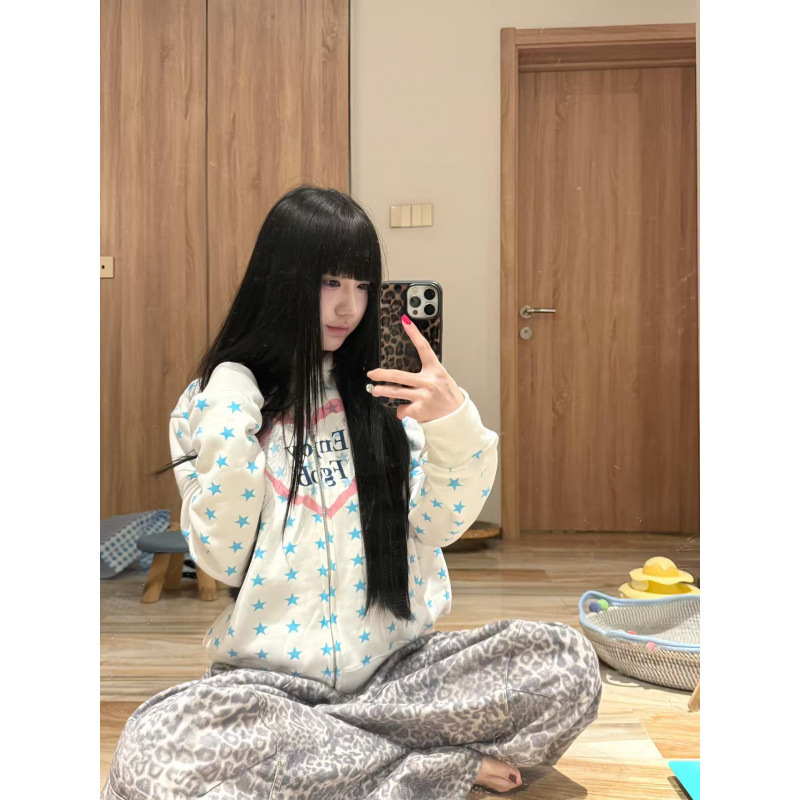 Love Printed Star Cardigan Sweatshirt Jacket for Women Autumn and Winter American High Street Niche Design Zipper Hooded Top