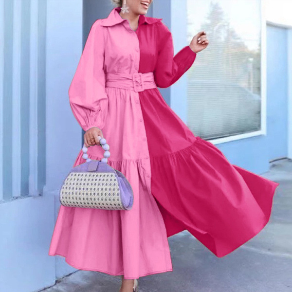 Women's Shirt Dress Fashion Turndown Patchwork Long Sleeve Color Block Maxi Long Dress Outdoor display picture 2