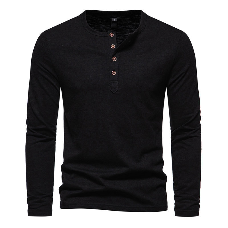 T-shirt da uomo a maniche lunghe con collo Henry a quattro bottoni in cotone tinta unita in bambù per l'autunno e l'inverno dei nuovi uomini_voghion.com