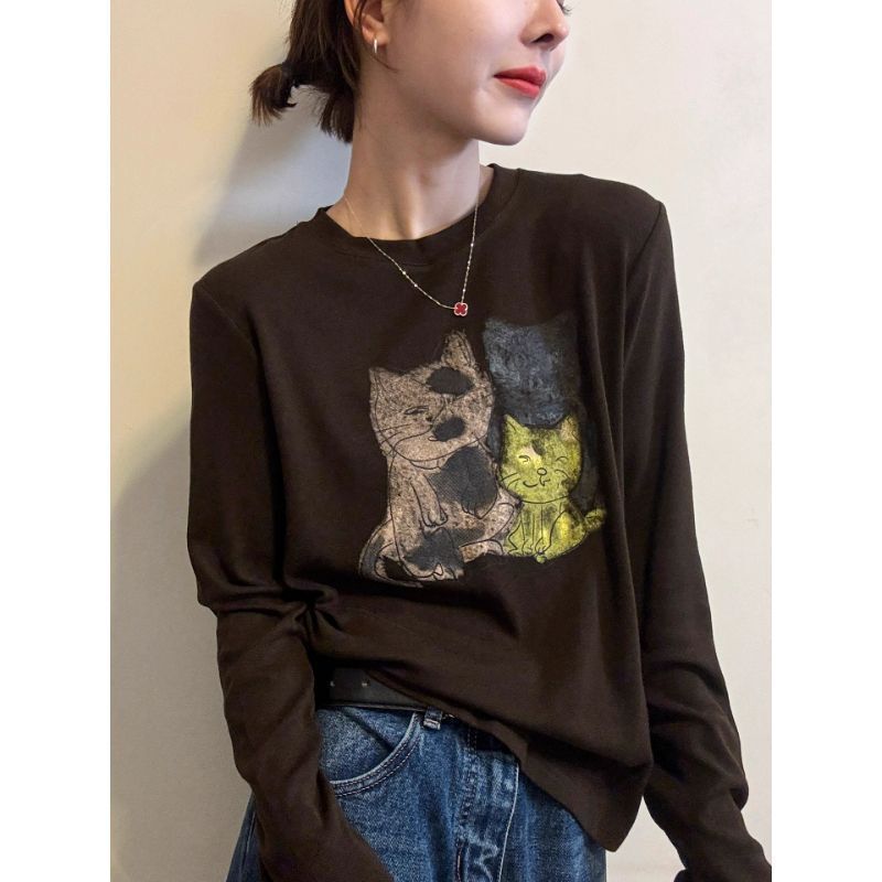 2026 Autumn New Cat Print Long Sleeve T-Shirt for Women, European Style, Trendy Loose Base Shirt