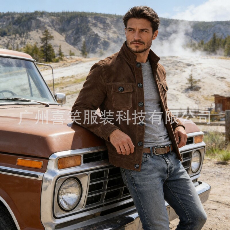 2026 New Men's Retro Work Jacket with Stand Collar, Multiple Pockets, Faux Suede, Spring and Autumn Casual Versatile Jacket