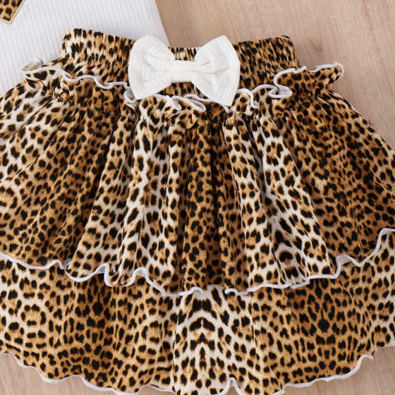 Baopin Children's Wear European and American Girls Spring and Summer Hanging Neck Leopard Print Love Vest Bow Lace Cake Skirt Set