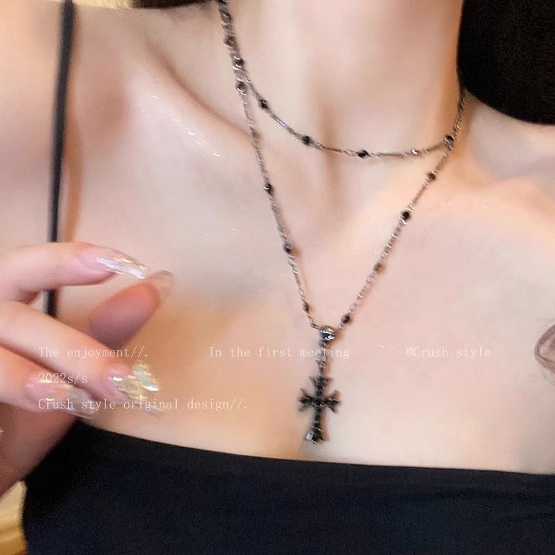 Cross-Border New Hot Style Dark Zircon Cross Beaded Necklace Women's Fashion Long Double Layer Stacked Sweet and Cool Hot Girl