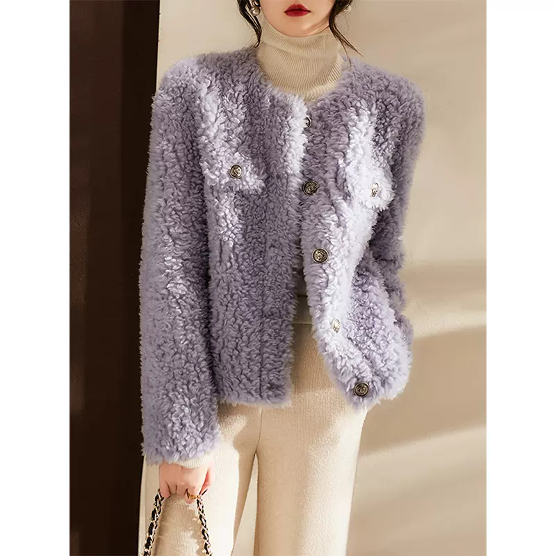 100%羊毛时尚圆领羊羔毛外套女冬新款单排扣羊剪绒皮草丨源头工厂