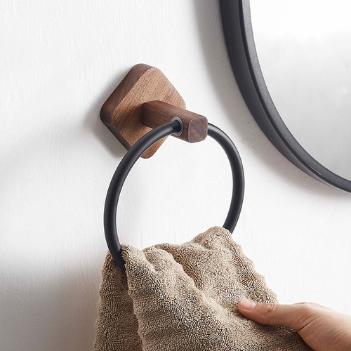 Walnut punch-free towel ring bathroom toilet solid wood round towel rack creative hanging rack storage rack