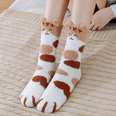 Coral Fleece Socks for Women, Thickened & Warm Winter Sleep Socks, Long-Style Japanese-Style Cute Cartoon Embroidery, Mid-Calf Cat-Paw Socks