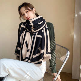 拼色OM新韩版双面仿羊绒围巾女办公室空调披肩加厚全棉秋冬季围脖