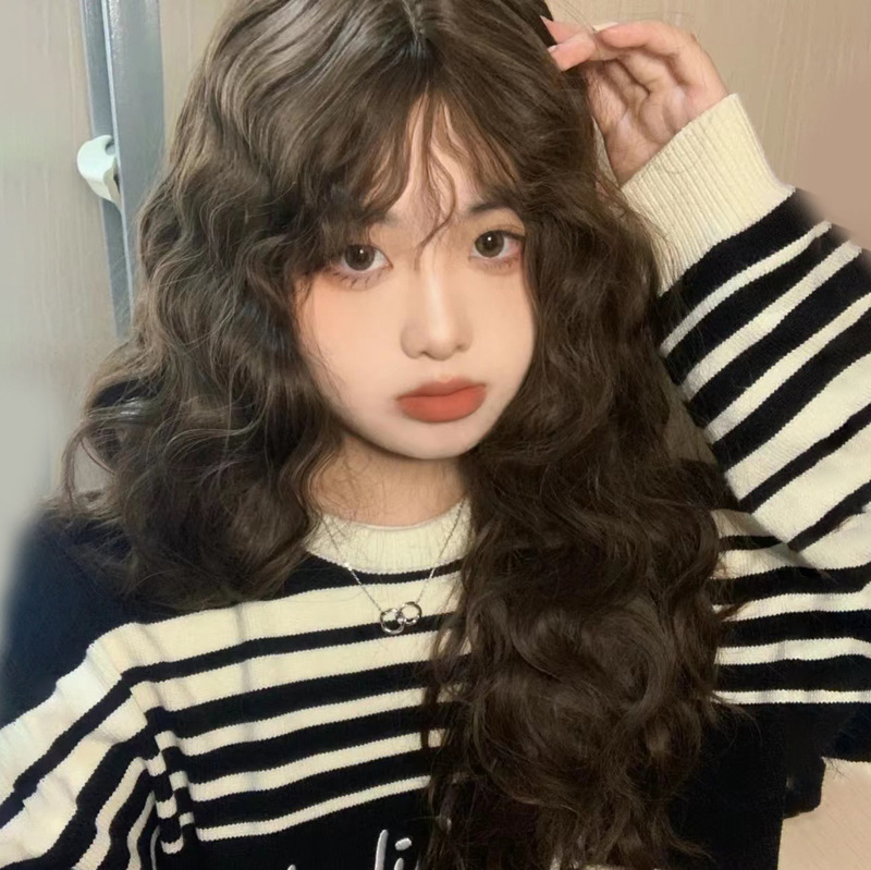 Xingcheng Wig Women's Black Brown Long Hair Wool Roll Natural Fluffy Simulation Long Curly Hair Wool Roll Full Head Cover