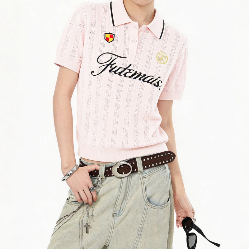 American Retro Lettered Polo Collar Short-Sleeve T-Shirt for Women, Thin Style, Street Style Polo Shirt Short-Sleeve Top American Retro Lettered Polo Collar Short-Sleeve T-Shirt for Women, Thin Style, Street Style Polo Shirt Short-Sleeve Top