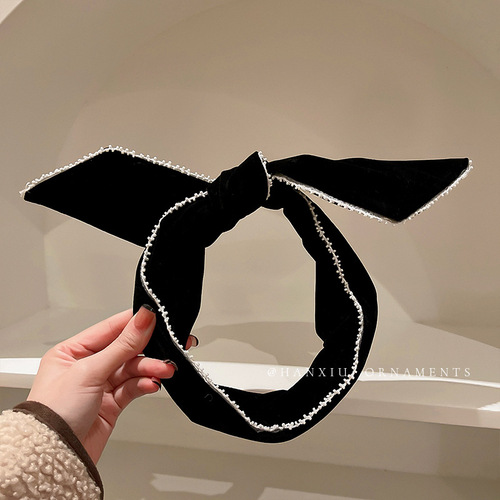 French retro style headband baroque palace velvet headband black lace pearl bow hair accessories