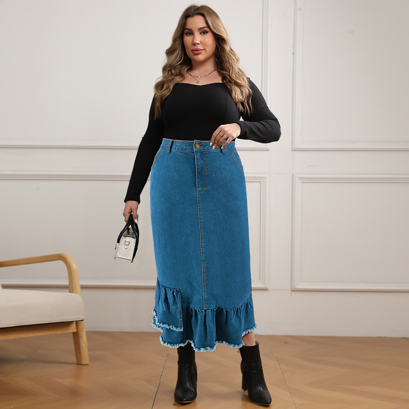 Dames plus size denim rok met kwastjes lang en elegante pasvorm_voghion.com