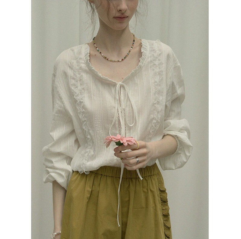 Relze Lace Collar White Blouse for Women Summer Fashion French Simple Design Casual Loose Shirt Relze Lace Collar White Blouse for Women Summer Fashion French Simple Design Casual Loose Shirt