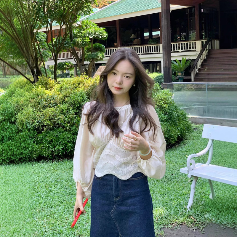 2026 Spring/Summer New Style Elegant Commuting Lace Patchwork Waist-Cinching Long-Sleeve Shirt Vintage High-Waisted Wide-Leg Jeans