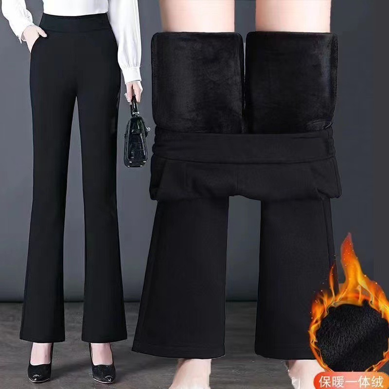 Petite Winter Fleece-Lined Thickened Flared Pants for Women, High-Waisted, Slimming, Drapey, Waist-Cinching, Casual Long Flared Pants for Women