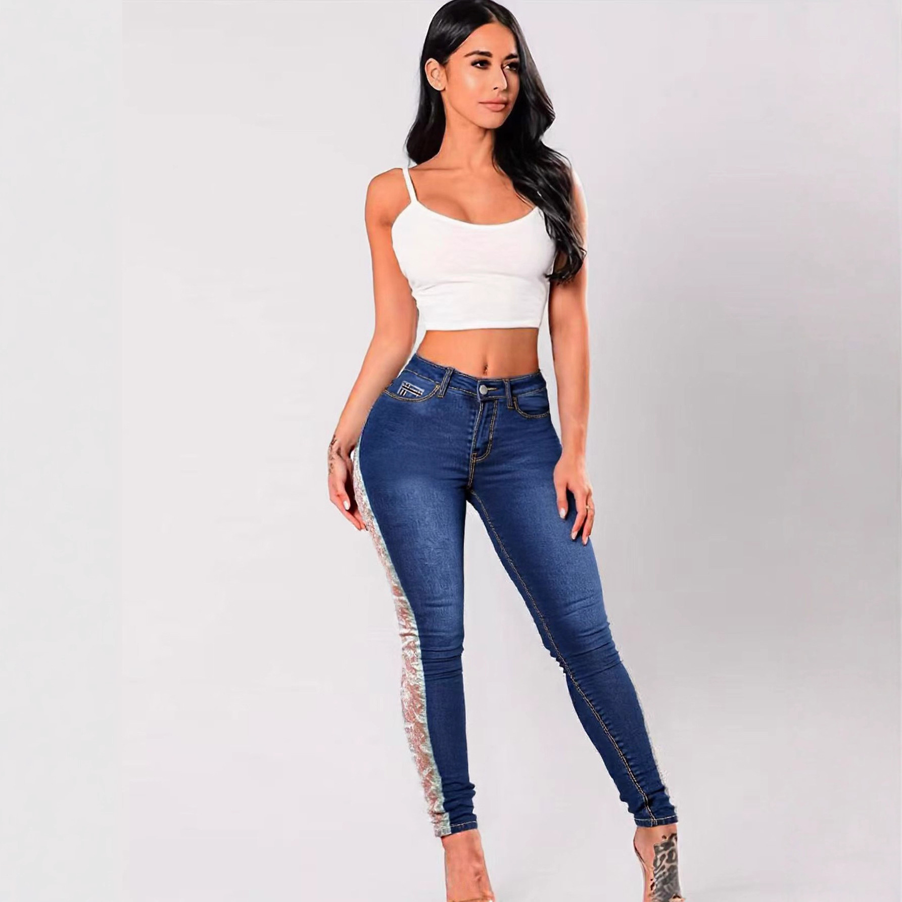 Russia Amazon Aliexpress Ebay Hot Selling New European and American Sexy Lace Cut Out Lace Jeans for Women