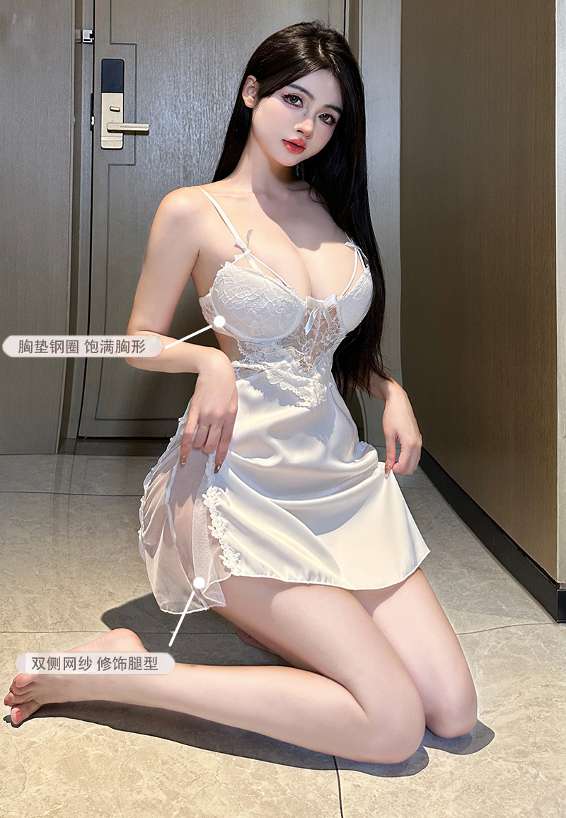Lace See-through Babydoll Robe Set with Chest Pads, White One Size — detail image 3