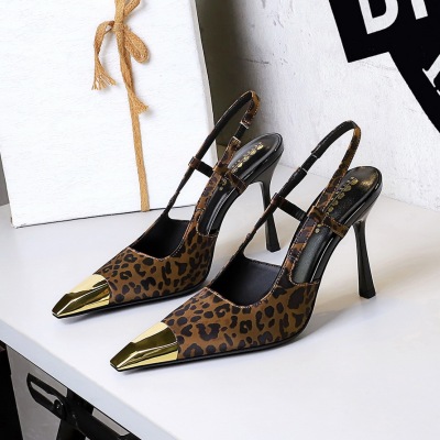 2629-1 European and American style banquet high-heeled shoes with thin heels, leopard print, back hollow, metal pointed 