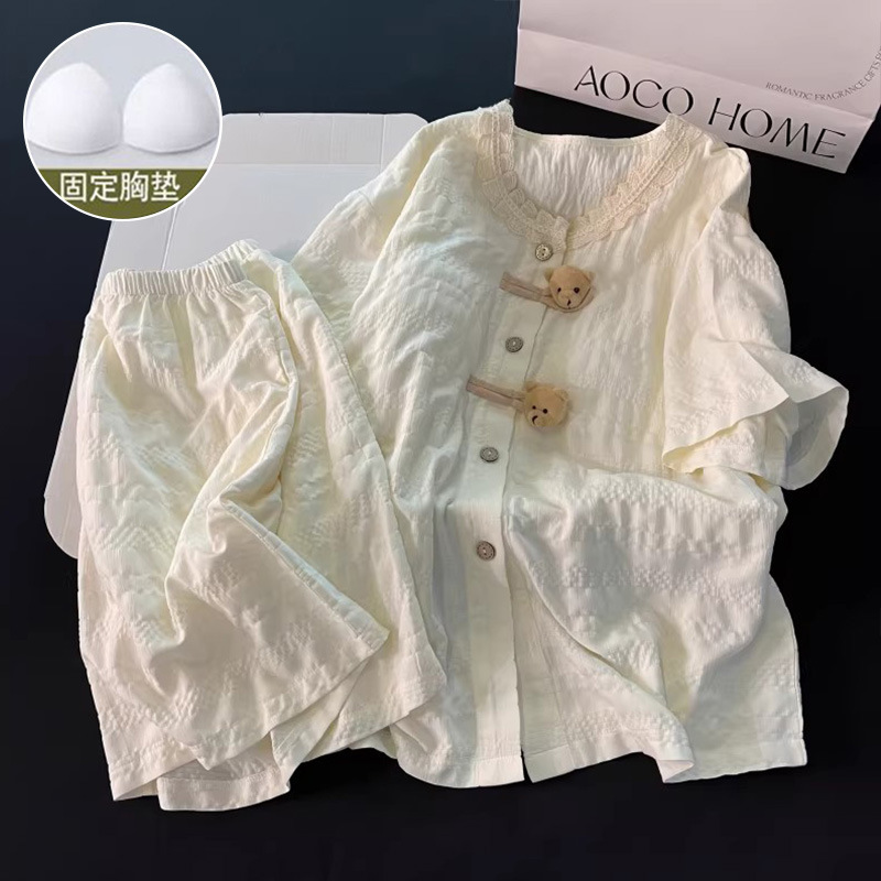 Summer Pajamas for Women, Short-Sleeved Shorts, Lively and Cute Cartoon Bear Buttons, Chest Pads, No Need to Wear Underwear, Home Wear Set Summer Pajamas for Women, Short-Sleeved Shorts, Lively and Cute Cartoon Bear Buttons, Chest Pads, No Need to Wear Underwear, Home Wear Set
