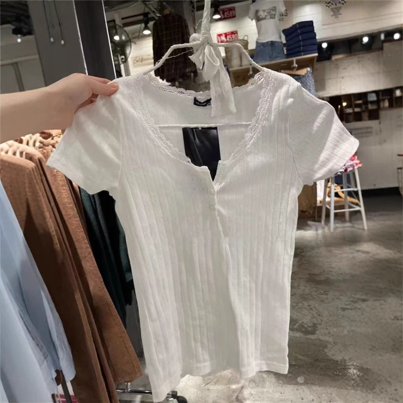 Bm Style New American Three-Button Lace Eyelet Bm Short-Sleeve T-Shirt for Women, Hollow-Out Slimming Crop Top