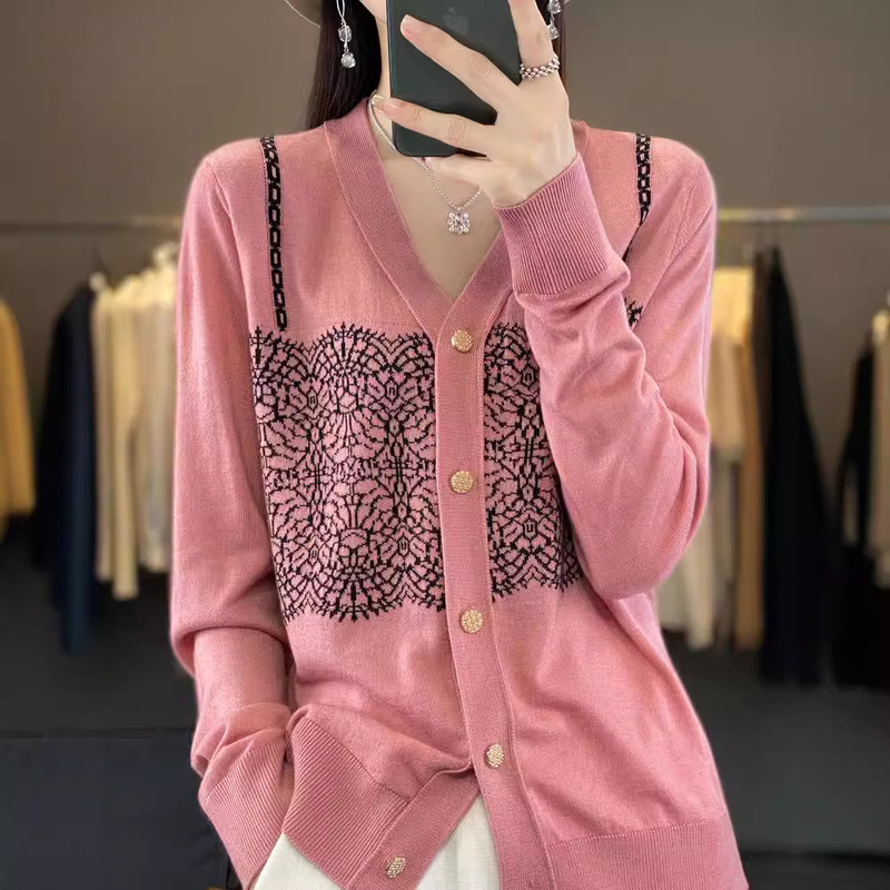 Worsted Wool V-Neck Knitted Cardigan Women's Spring and Autumn New Color-matching Western Style Loose Slimming Jacquard Lace Top