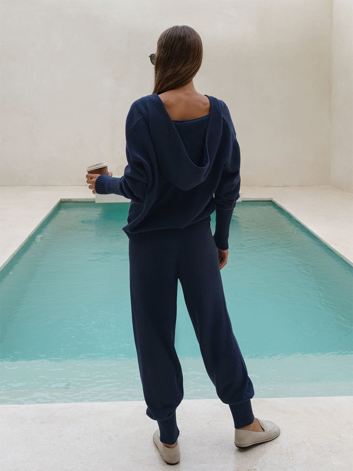 Bộ áo cardigan dệt kim có mũ khóa kéo dáng rộng kèm quần ống ôm cotton — Màu cà phê, Màu trắng, Màu xanh dương, Xanh lá cây chi tiết 18