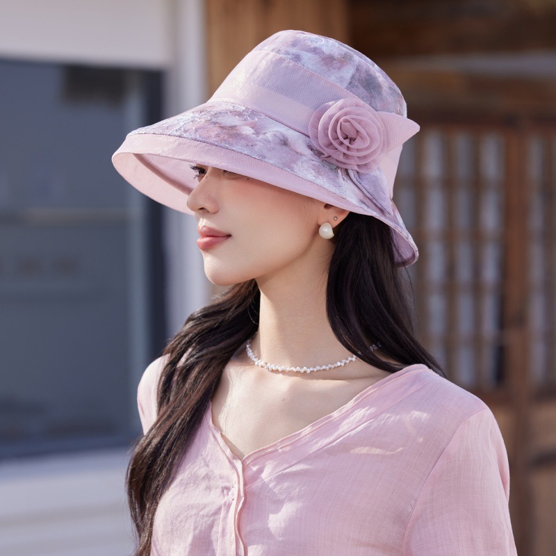 夏季欧根纱遮阳帽子女休闲太阳帽妈妈出游防晒盆帽中老年人渔夫帽