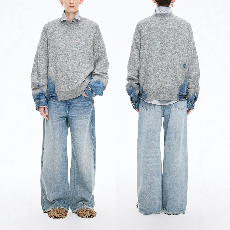 Design-Inspired Color-Blocking Denim Patchwork Velvet Knit Sweater, New Autumn/Winter Lazy Style Pullover Long-Sleeve Top for Women