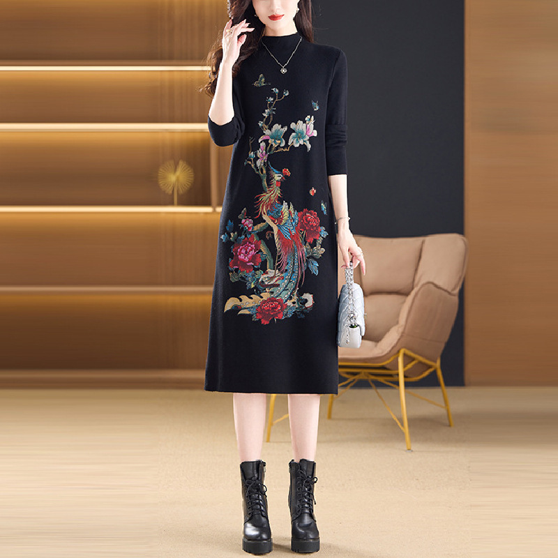 2025 Autumn/Winter Mid-Length Jacquard Knit Dress New Fashionable Women's Sweater Dress with Slimming Effect