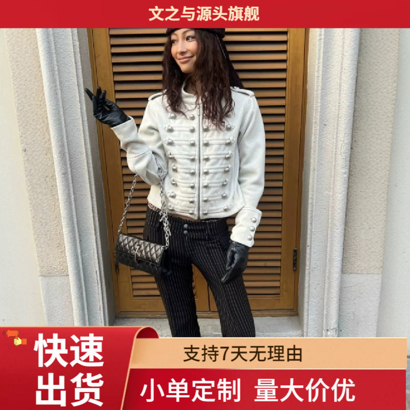 Cross-Border European and American Style Retro Stand-Up Collar Metal Buckle Slim-Fit Short Military-Style Jacket for Women, Thin Spring and Autumn Model