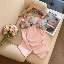 重工手工钉花辣妹挂脖碎花吊带背心夏季新款微透显瘦短款上衣