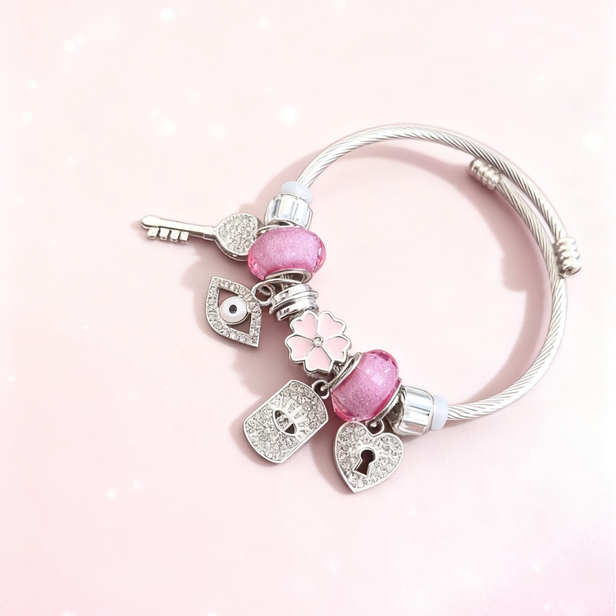 Explosiones transfronterizas Panjia brazalete de acero inoxidable rosa diamante aleación diablo ojo llave cerradura joyas de flores de amor image 3