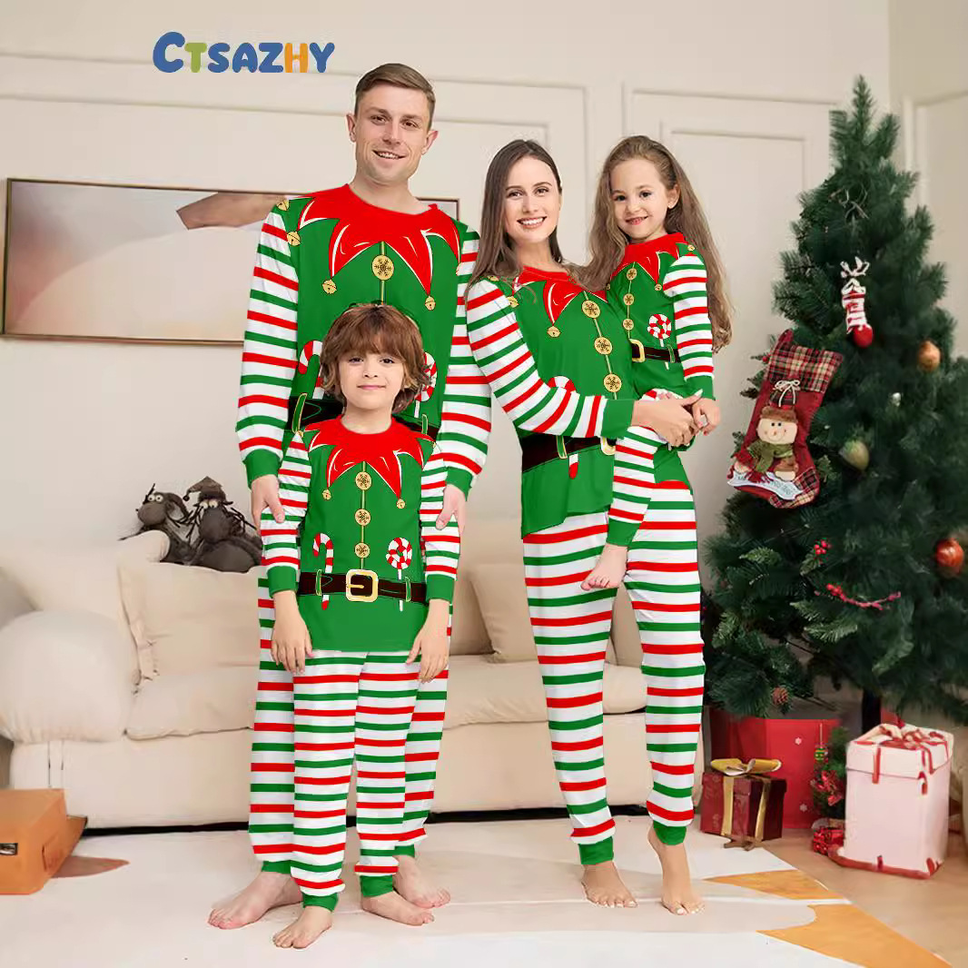 Christmas Candy cane button striped Christmas family suit printed home dress pajamas_viptrois.com
