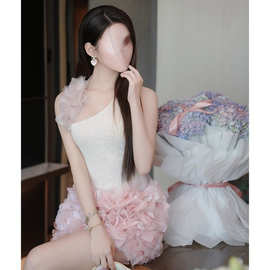 越南粉色立体花朵细节挂脖连衣裙纯欲甜美生日礼服裙子夏扎染