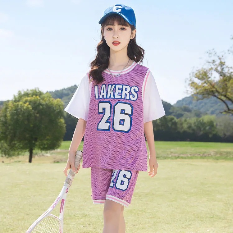 女童运动套装夏装洋气篮球服短袖运动速干衣比赛训练足球服套装