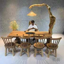 Hc香樟木茶台原木根大板灯架桌原生态茶几家用小阳台茶桌椅组合