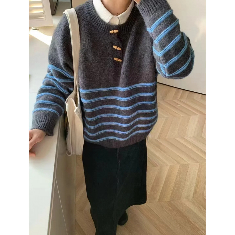 2025 transfronterizo coreano relajado suéter a rayas casual mujeres otoño y invierno temperamento retro manga larga chaqueta de punto