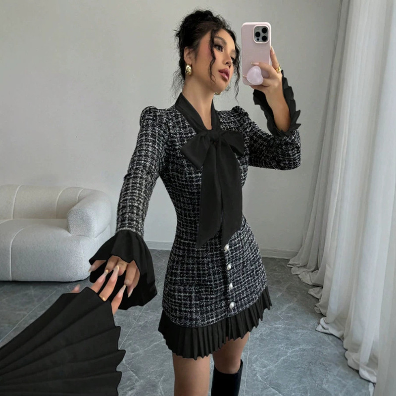 Amazon European and American cross-border elegant tweed Chanel-style dress, new spring and autumn slim-fit long-sleeve dress Amazon European and American cross-border elegant tweed Chanel-style dress, new spring and autumn slim-fit long-sleeve dress