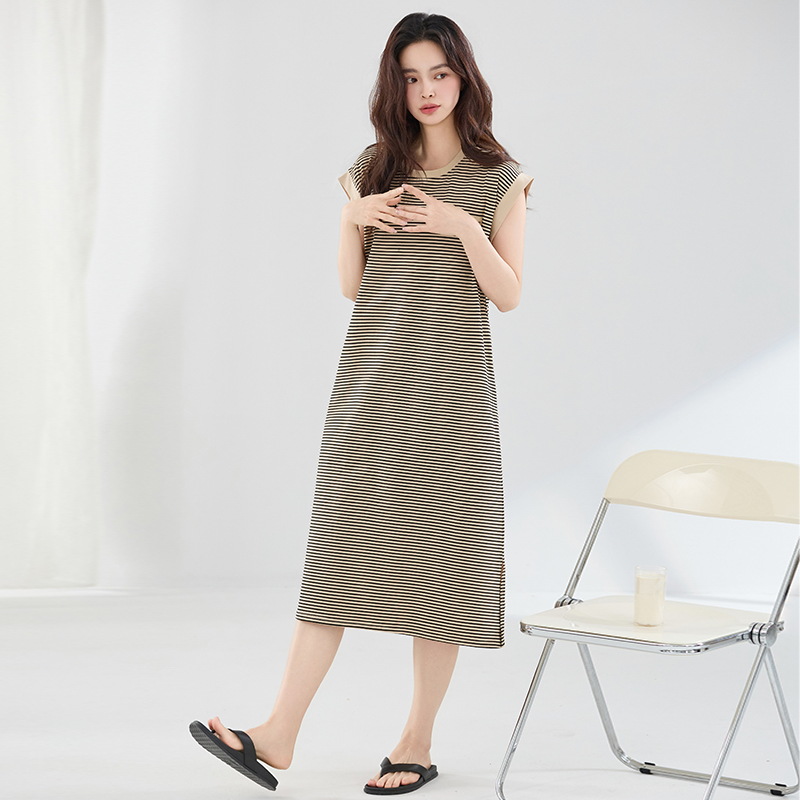 Camisón mujer verano algodón puro 2025 nuevo estilo coreano a rayas sin mangas chaleco camisola falda suelta de gran tamaño largo dividido