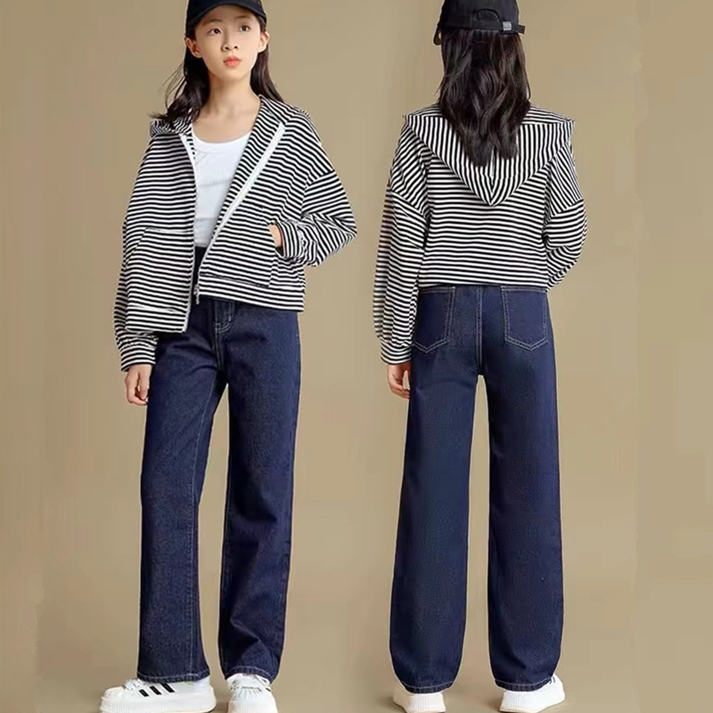 女の子のワークジーンズ春と秋の新しい工場子供服卸売中型および大型子供用ストレートレッグルーズワイドレッグ子供用ズボン|undefined