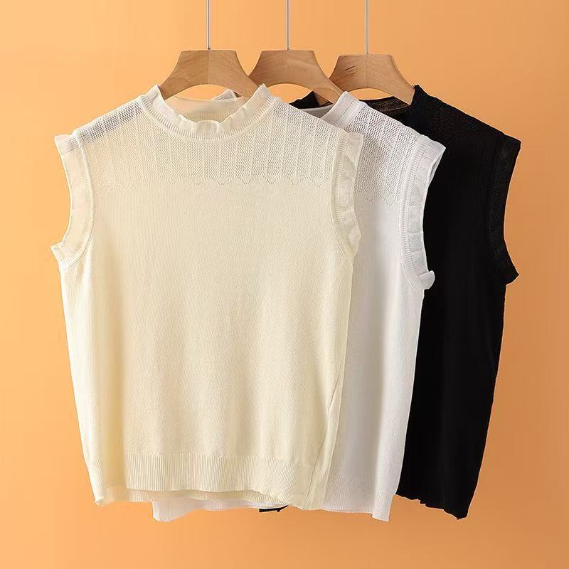 Half-High Collar Knitted Sleeveless Vest for Women, Spring and Summer Lace-Trimmed Stand Collar Sleeveless Undershirt, Chanel-Style Inner Wear Half-High Collar Knitted Sleeveless Vest for Women, Spring and Summer Lace-Trimmed Stand Collar Sleeveless Undershirt, Chanel-Style Inner Wear
